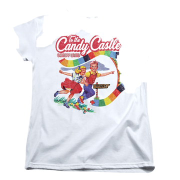 White women's t-shirt with Candy Land Hasbro To The Candy Castle graphic