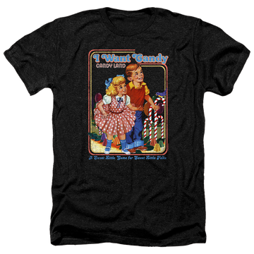 Charcoal men's heather t-shirt with Candy Land Hasbro I Want Candy graphic