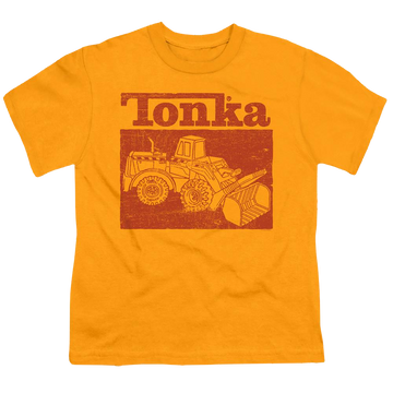 Gold youth t-shirt for ages 8 to 12 with Hasbro Tonka Box graphic