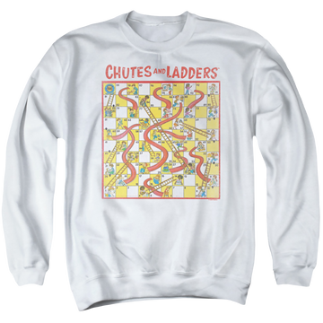 White men's crewneck sweatshirt with Chutes and Ladders 79 Game Board graphic