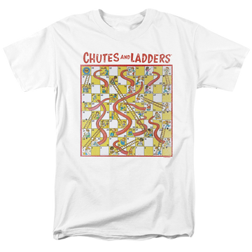 White men's regular fit t-shirt with Chutes and Ladders 79 Game Board graphic