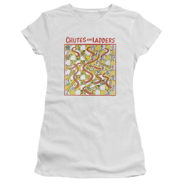 White juniors t-shirt with Chutes and Ladders 79 Game Board graphic