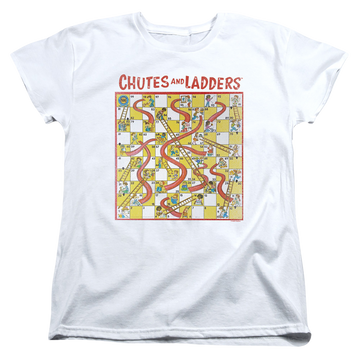 White women's t-shirt with Chutes and Ladders 79 Game Board graphic