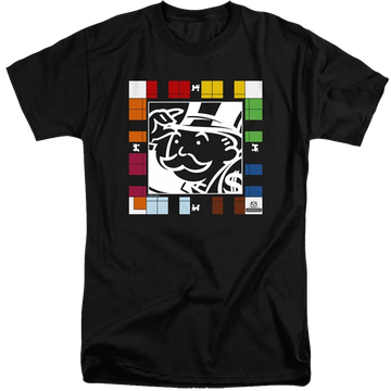 Black men's tall fit t-shirt with Monopoly Game Board graphic