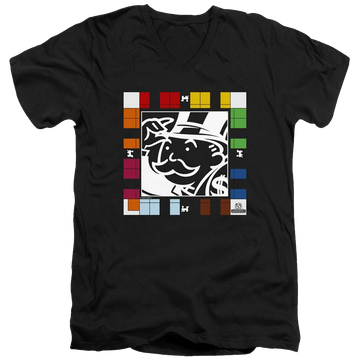 Black men's v-neck t-shirt with Monopoly Game Board graphic