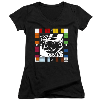 Black juniors v-neck t-shirt with Monopoly Game Board graphic