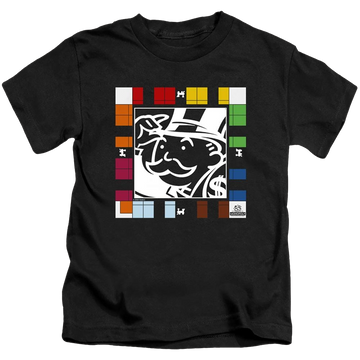 Black kid's t-shirt for ages 4 to 7 with Monopoly Game Board graphic