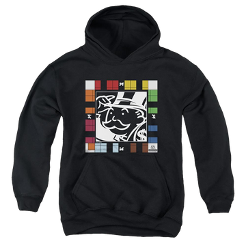 Black youth hoodie for ages 8 to 12 with Monopoly Game Board graphic