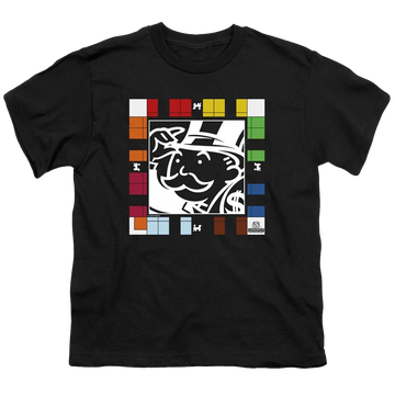 Black youth t-shirt for ages 8 to 12 with Monopoly Game Board graphic