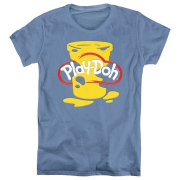 Carolina blue women's t-shirt with Play-doh Messy Stencil Logo graphic