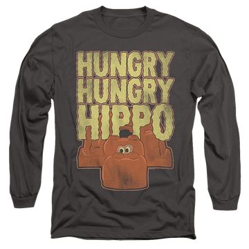 Charcoal men's long sleeve t-shirt with Hungry Hungry Hippos Faded graphic
