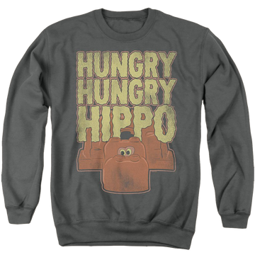 Charcoal men's crewneck sweatshirt with Hungry Hungry Hippos Faded graphic