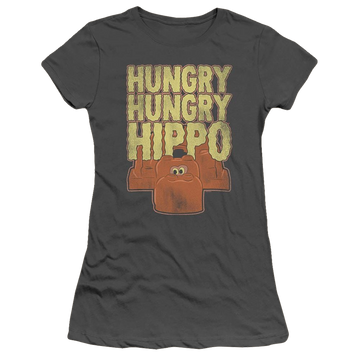 Charcoal juniors t-shirt with Hungry Hungry Hippos Faded graphic