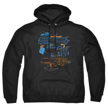 Black pullover hoodie with Nerf Deconstructed Gun graphic