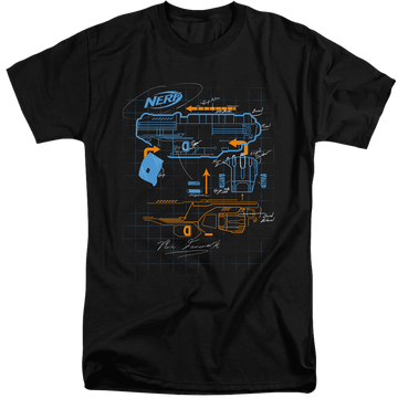 Black men's tall fit t-shirt with Nerf Deconstructed Gun graphic