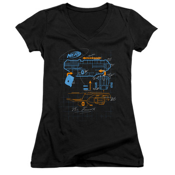 Black juniors v-neck t-shirt with Nerf Deconstructed Gun graphic