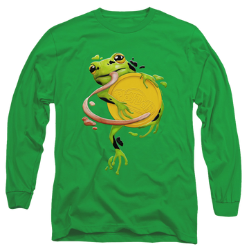 Kelly green men's long sleeve t-shirt with Play-doh Frog Hugging Lid graphic