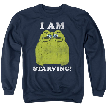 Navy men's crewneck sweatshirt with Hungry Hungry Hippos I'm Starving graphic