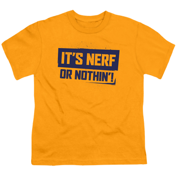 Gold youth t-shirt for ages 8 to 12 with Nerf Or Nothing graphic
