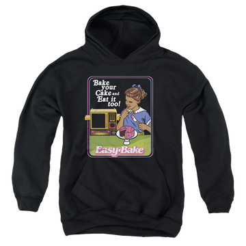 Black youth hoodie for ages 8 to 12 with Easy Bake Oven Bake Your Cake graphic