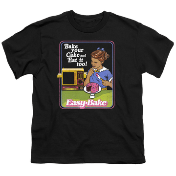 Black youth t-shirt for ages 8 to 12 with Easy Bake Oven Bake Your Cake graphic