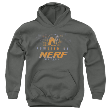 Charcoal youth hoodie for ages 8 to 12 with Powered By Nerf Nation graphic