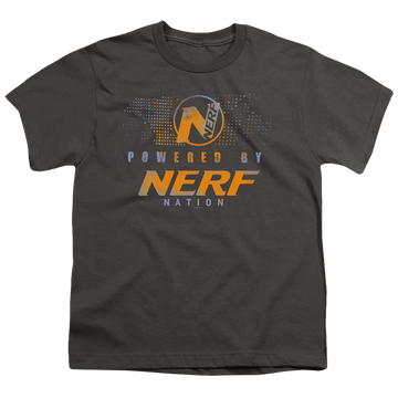 Charcoal youth t-shirt for ages 8 to 12 with Powered By Nerf Nation graphic