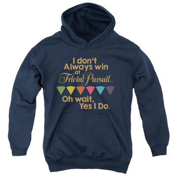 Navy youth hoodie for ages 8 to 12 with Transformers I Always Win graphic