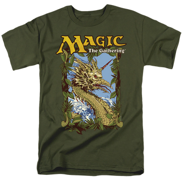 Military green men's regular fit t-shirt with Magic the Gathering Mirage Deck Art graphic