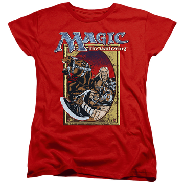 Red women's t-shirt with Magic the Gathering Fifth Edition Deck Art graphic