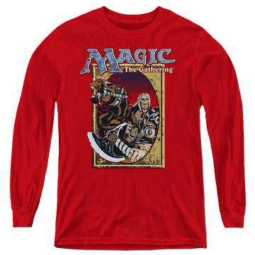 Red youth long sleeve t-shirt with Magic the Gathering Fifth Edition Deck Art graphic