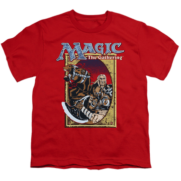 Red youth t-shirt for ages 8 to 12 with Magic the Gathering Fifth Edition Deck Art graphic
