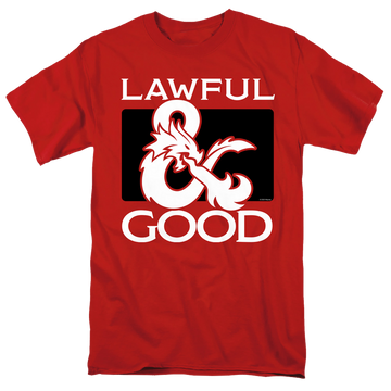 Red men's regular fit t-shirt with Dungeons & Dragons Lawful Good graphic