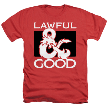 Red men's heather t-shirt with Dungeons & Dragons Lawful Good graphic