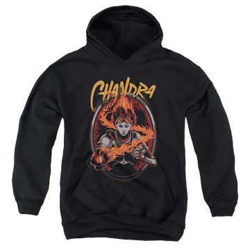 Black youth hoodie for ages 8 to 12 with Magic the Gathering Chandra graphic