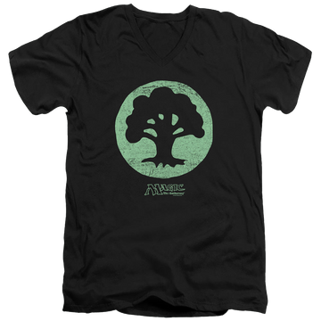 Black men's v-neck t-shirt with Magic the Gathering Green Symbol graphic