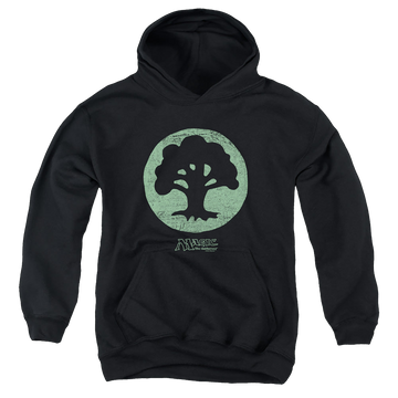 Black youth hoodie for ages 8 to 12 with Magic the Gathering Green Symbol graphic