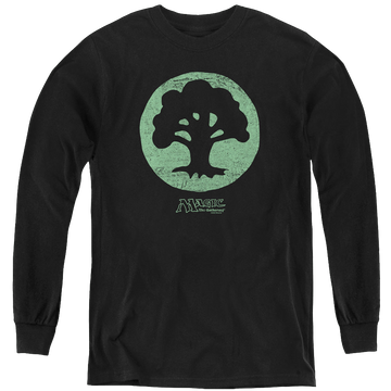 Black youth long sleeve t-shirt with Magic the Gathering Green Symbol graphic