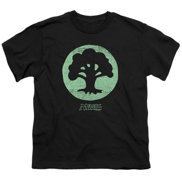 Black youth t-shirt for ages 8 to 12 with Magic the Gathering Green Symbol graphic