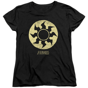 Black women's t-shirt with Magic the Gathering White Symbol graphic