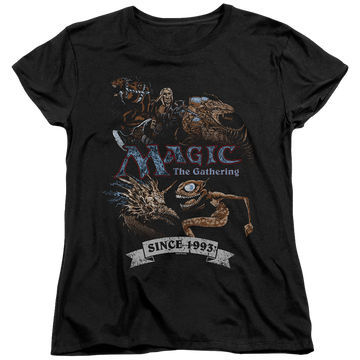 Black women's t-shirt with Magic the Gathering Four Pack Retro graphic