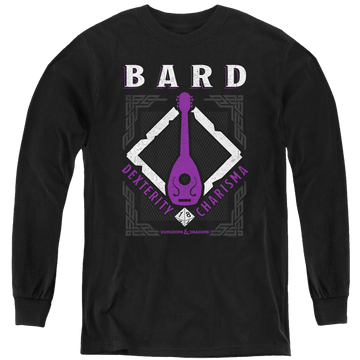 Black youth long sleeve t-shirt with Dungeons & Dragons Bard graphic