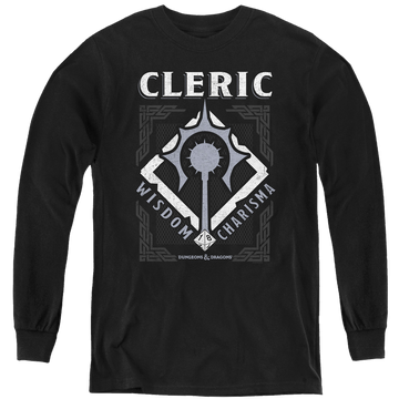 Black youth long sleeve t-shirt with Dungeons & Dragons Cleric graphic