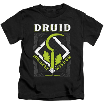 Black kid's t-shirt for ages 4 to 7 with Dungeons & Dragons Druid graphic