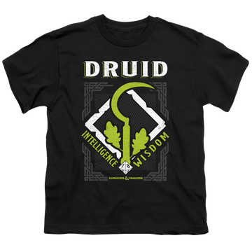 Black youth t-shirt for ages 8 to 12 with Dungeons & Dragons Druid graphic