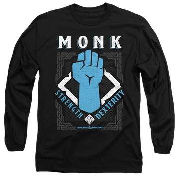 Black men's long sleeve t-shirt with Dungeons & Dragons Monk graphic