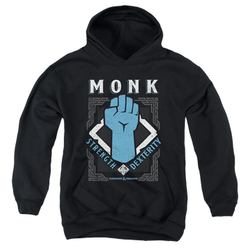 Black youth hoodie for ages 8 to 12 with Dungeons & Dragons Monk graphic