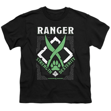 Black youth t-shirt for ages 8 to 12 with Dungeons & Dragons Ranger graphic
