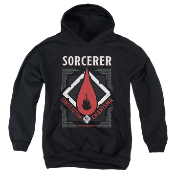 Black youth hoodie for ages 8 to 12 with Dungeons & Dragons Sorcerer graphic