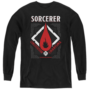 Black youth long sleeve t-shirt with Dungeons & Dragons Sorcerer graphic